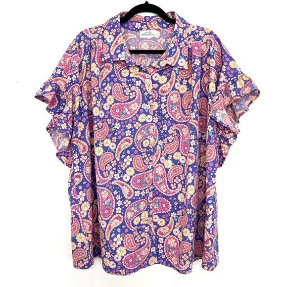 Emily Wonder Purple Colorful Paisley Floral Button Down Shirt Ruffle 2X zq - Picture 1 of 4
